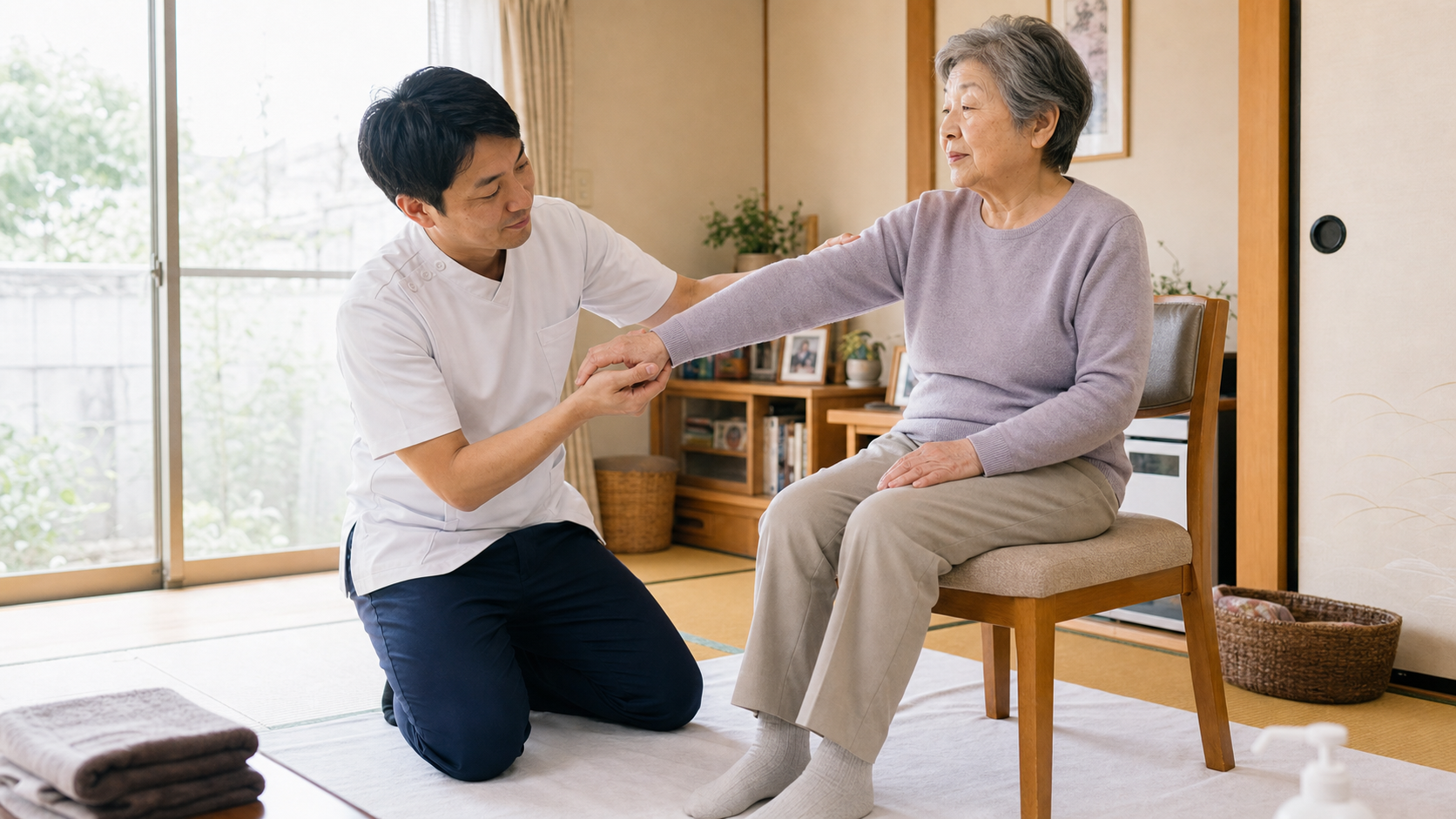 男性施術者がご自宅で高齢のご利用者さまに訪問マッサージを行う様子