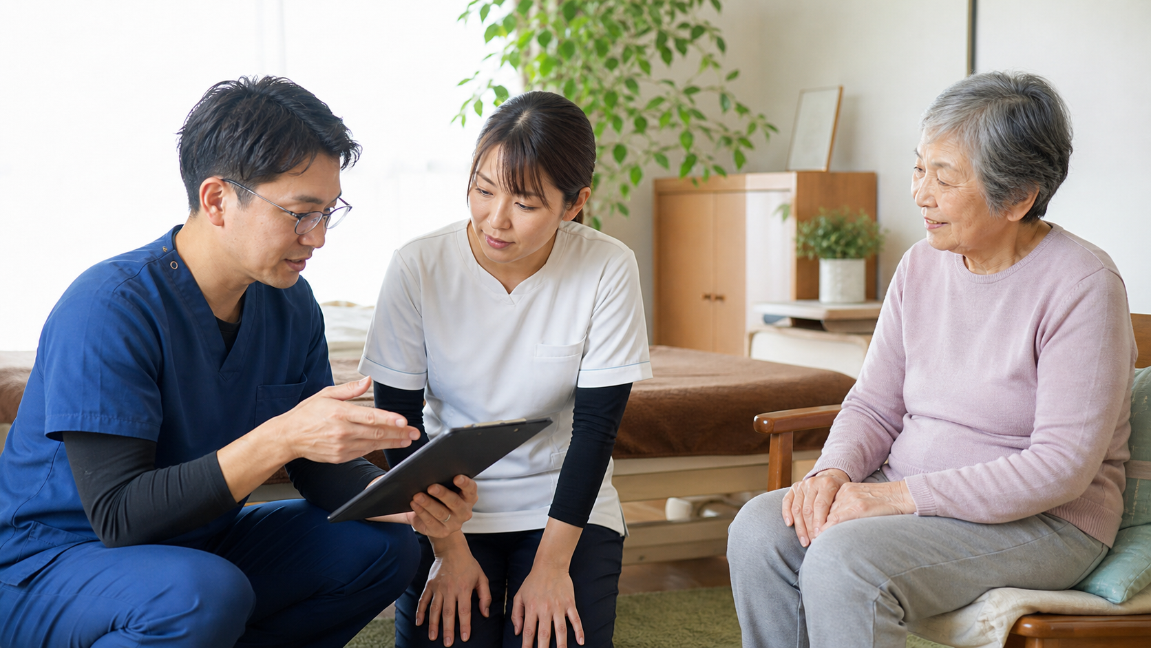 ご自宅で相談するご利用者さまとスタッフ
